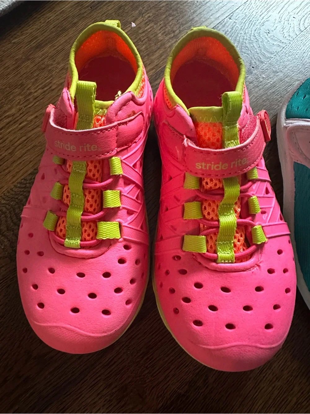 Stride Rite Bright Pink Sneakers with Lime Accents & Teal Slip-On Pair